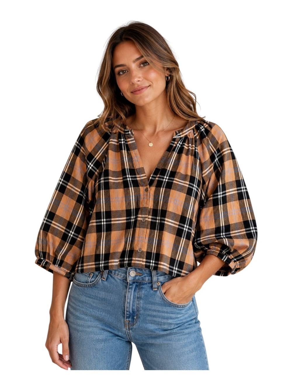 STAUD Plaid Cotton Cropped Peasant Blouse Top Women’s Large (Estimated)